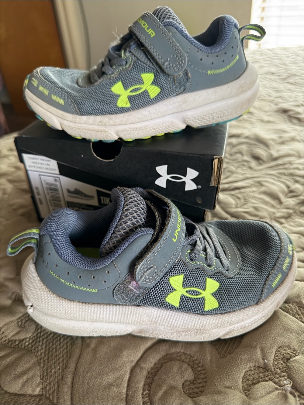 Under Armour Kids Gray and Neon Green Athletic Sneakers